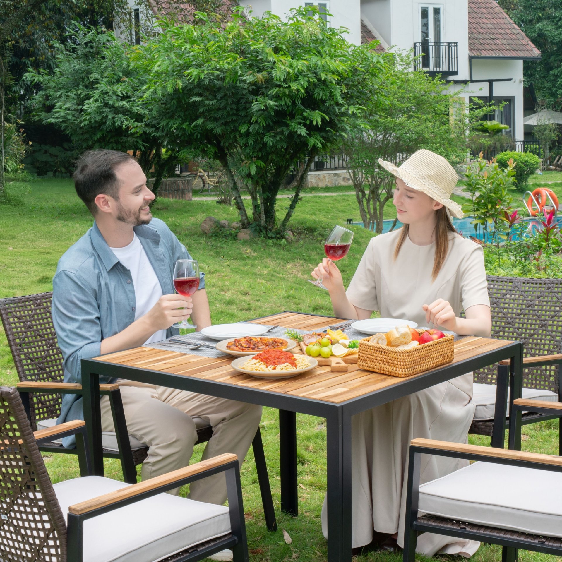 All Weather 5 Piece Patio Dining Table Set, Acacia Wood Table Top With Umbrella Hole, Rattan Outdoor - Coffee Brown - Image 16