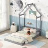 Full Roof Framed Headboard Floor Bed With Headboard Guardrails, Without Slats - Gray - Image 9