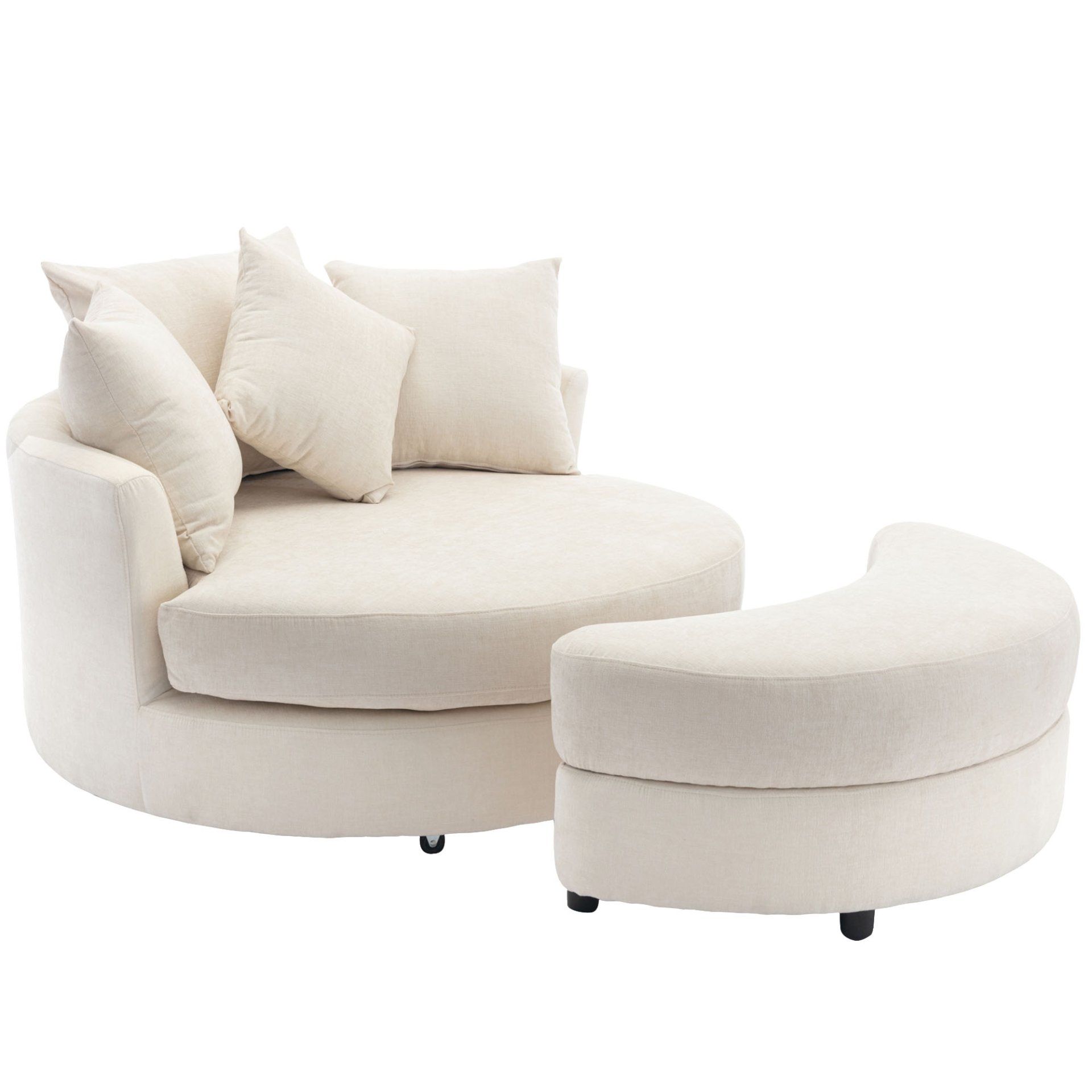 360° Swivel Accent Barrel Chair With Storage Ottoman & 4 Pillows, Modern Chenille Leisure Chair Round Accent For Living Room - Cream - Image 15