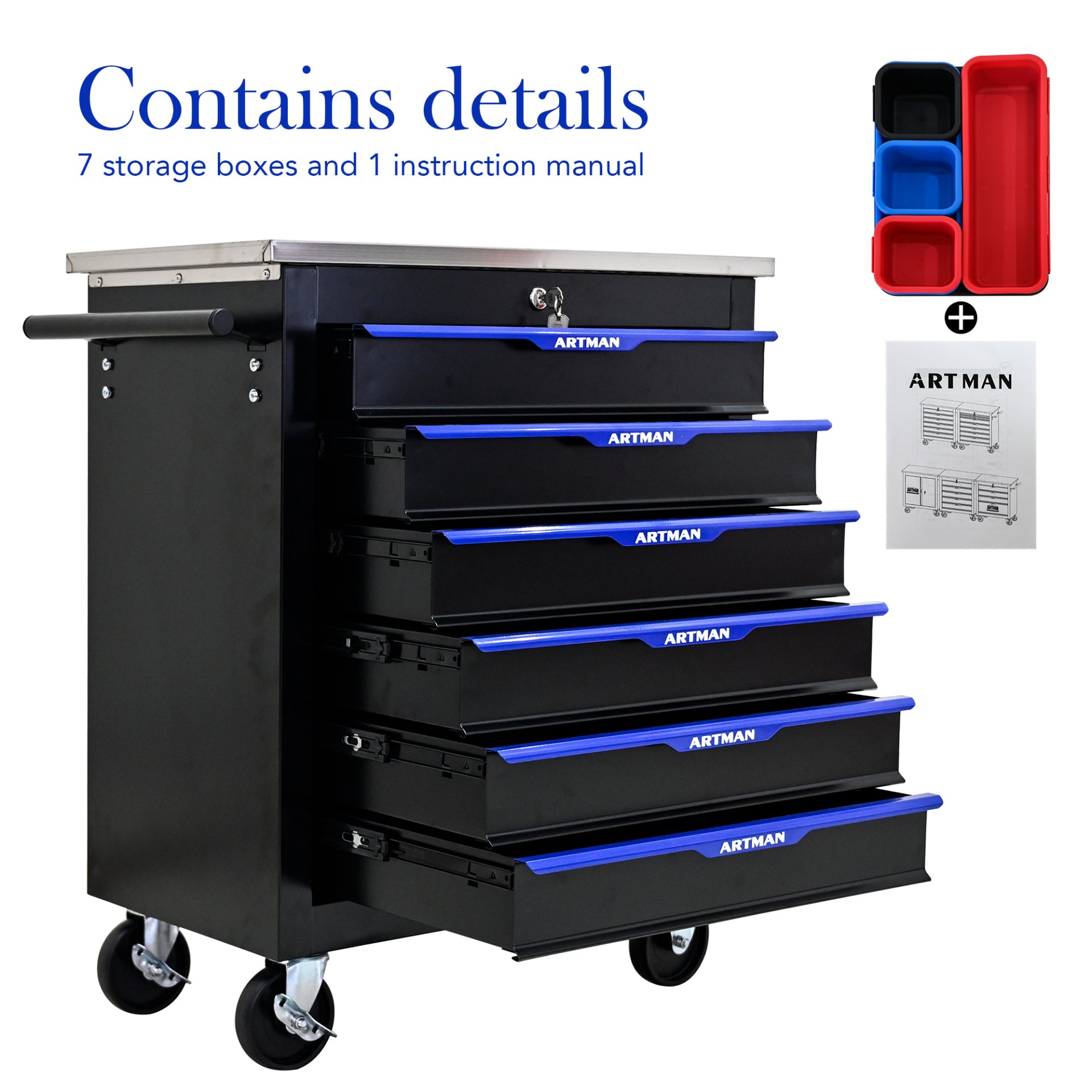 6 Drawer Multifunctional Tool Cart With Wheels - Black / Blue - Image 5