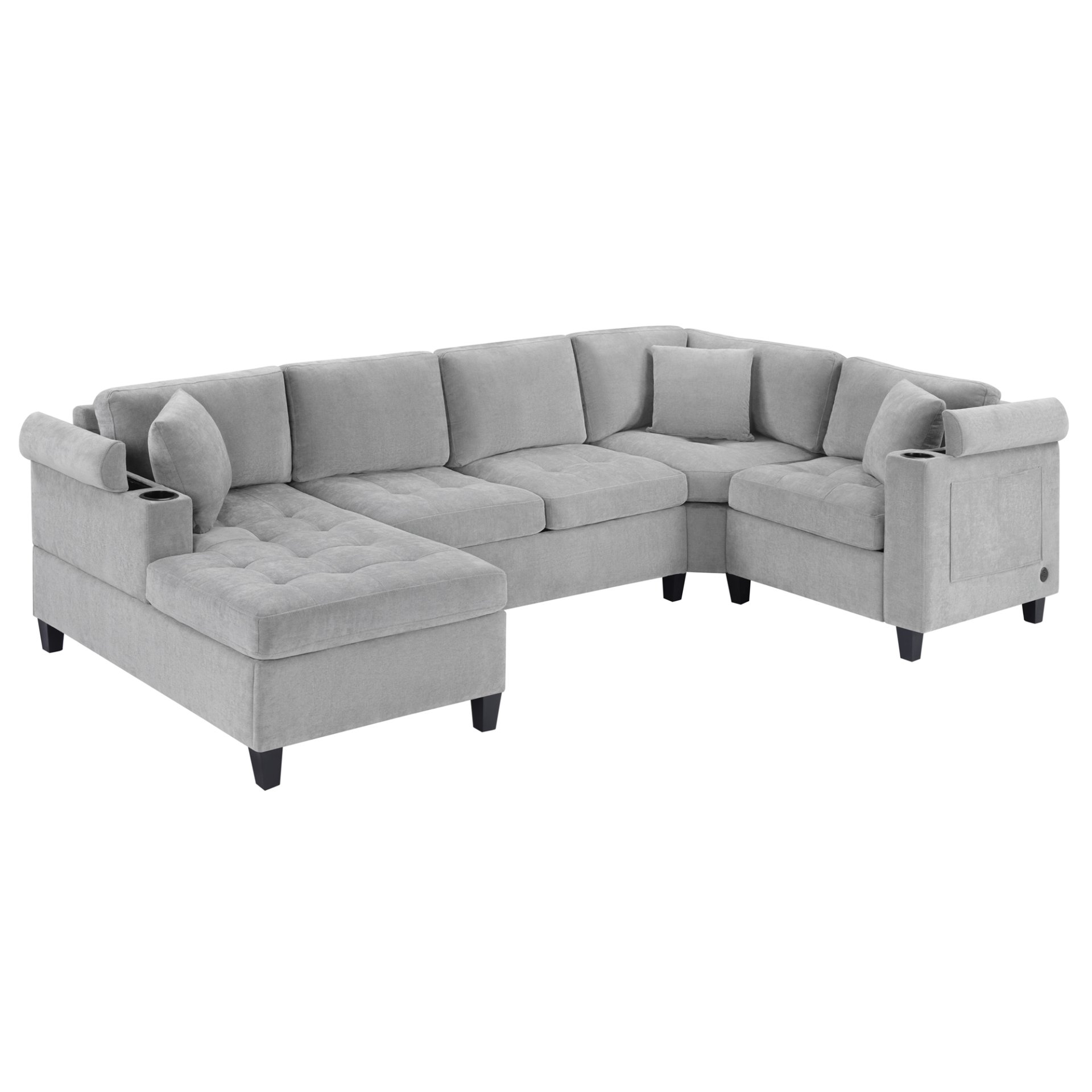 U Shaped Sectional Sofa, Corner Living Room Couch With Built In Cup Holders, Storage, USB Ports - Light Gray - Image 8