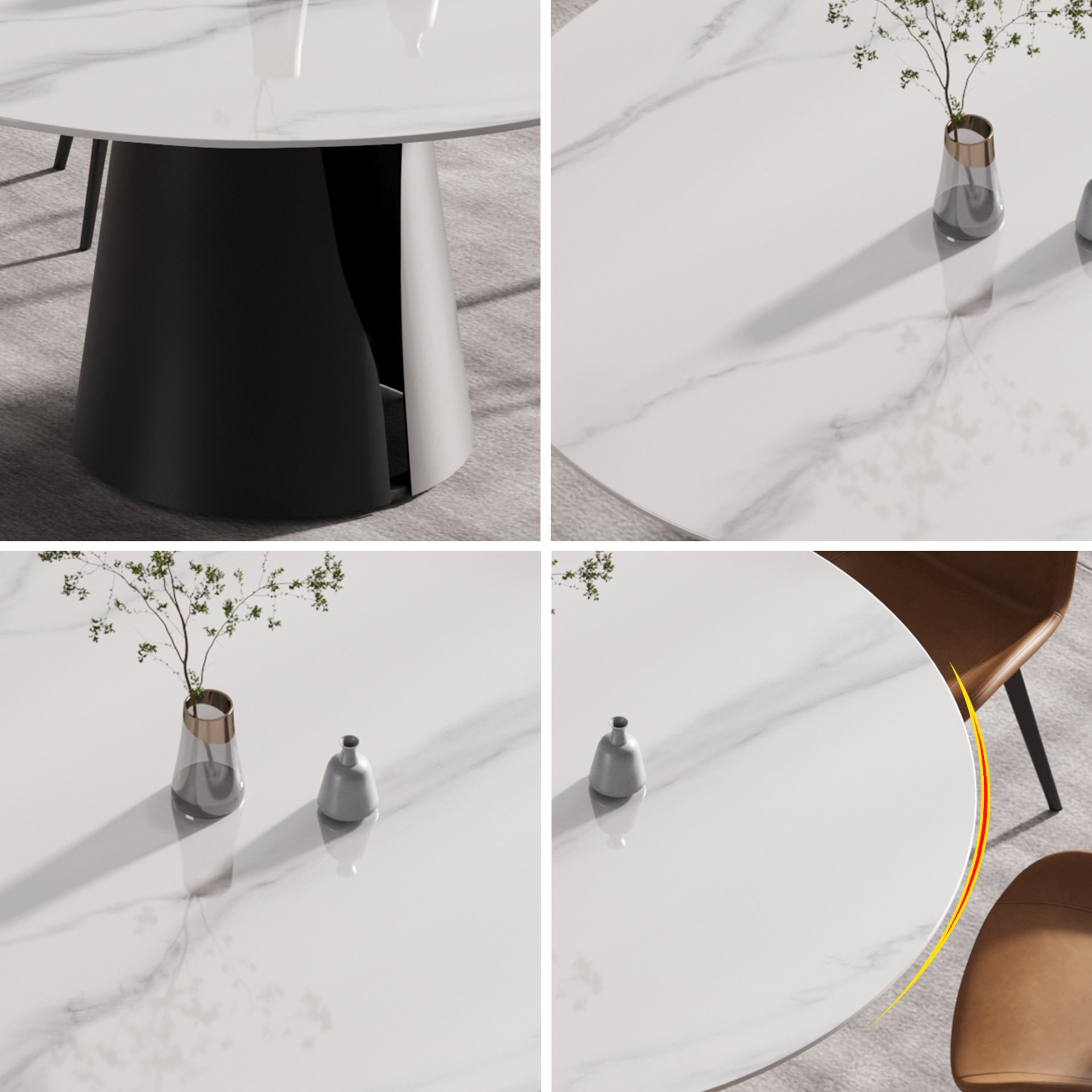 53.15" Modern Artificial Stone Round Carbon Steel Base Dining Table, Can Accommodate 6 People - White / Black - Image 7