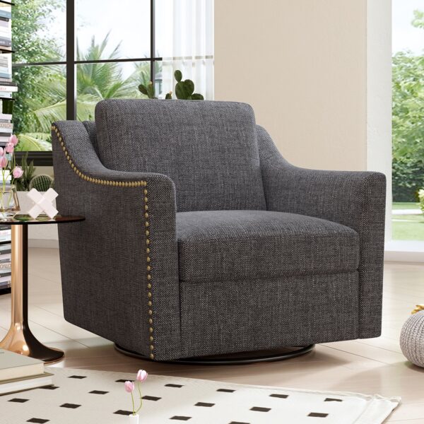 360 Degree Swivel Armchair Cotton Linen Skin - Friendly Fabric Ergonomic Design Brass Nail Decorative Armchair Living Room Chairs Bedroom Chairs Living Room Chairs Black Legs Suitable For Indoor Homes - Dark Gray