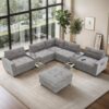 Sectional With Acrylic Table Top U Shaped Couch Set With 2 Consoles USB Charger, Storage Drawers And Pockets Movable Ottoman Tufted Sofa - Gray - Image 15