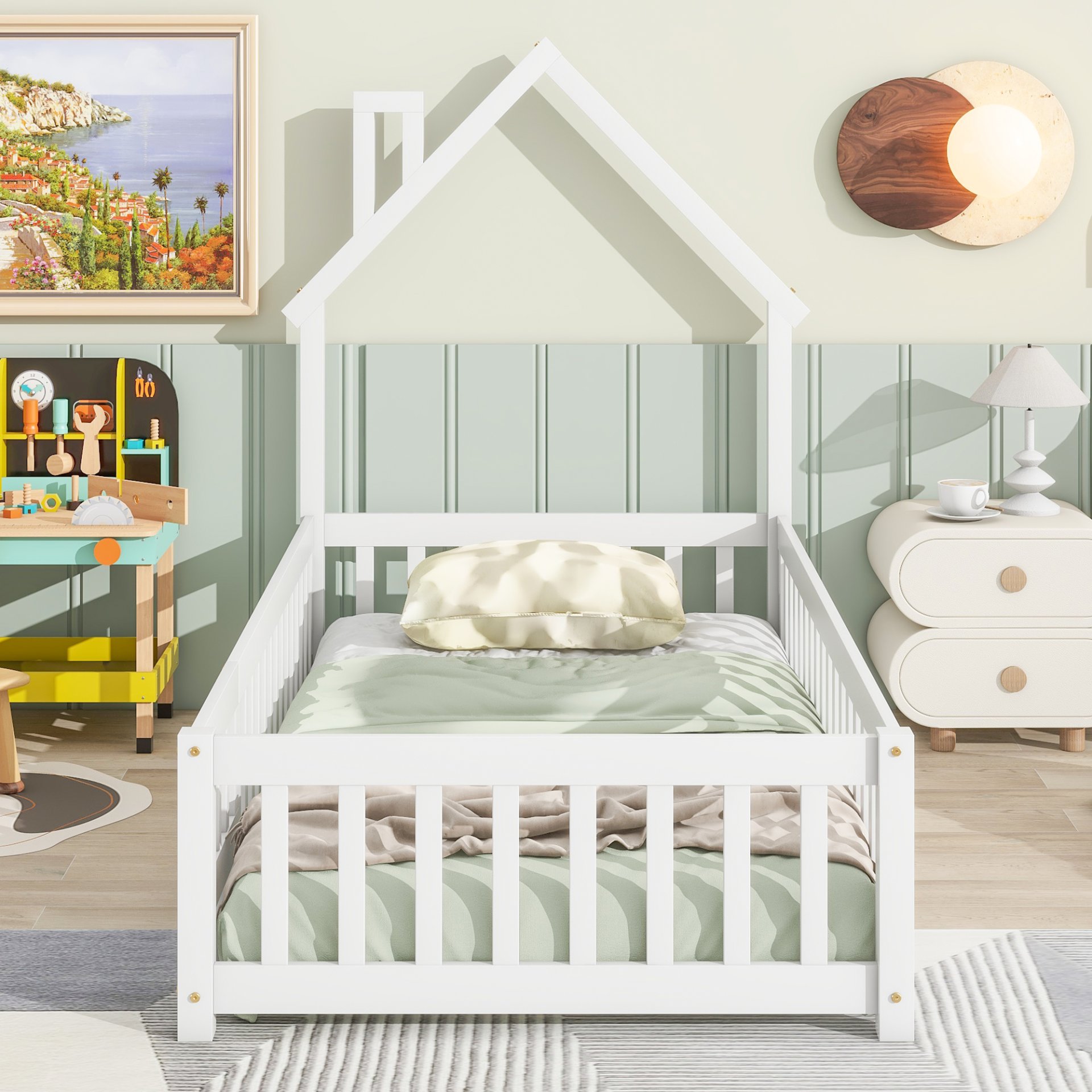 Twin House-Shaped Headboard Floor Bed With Fence - White - Image 3