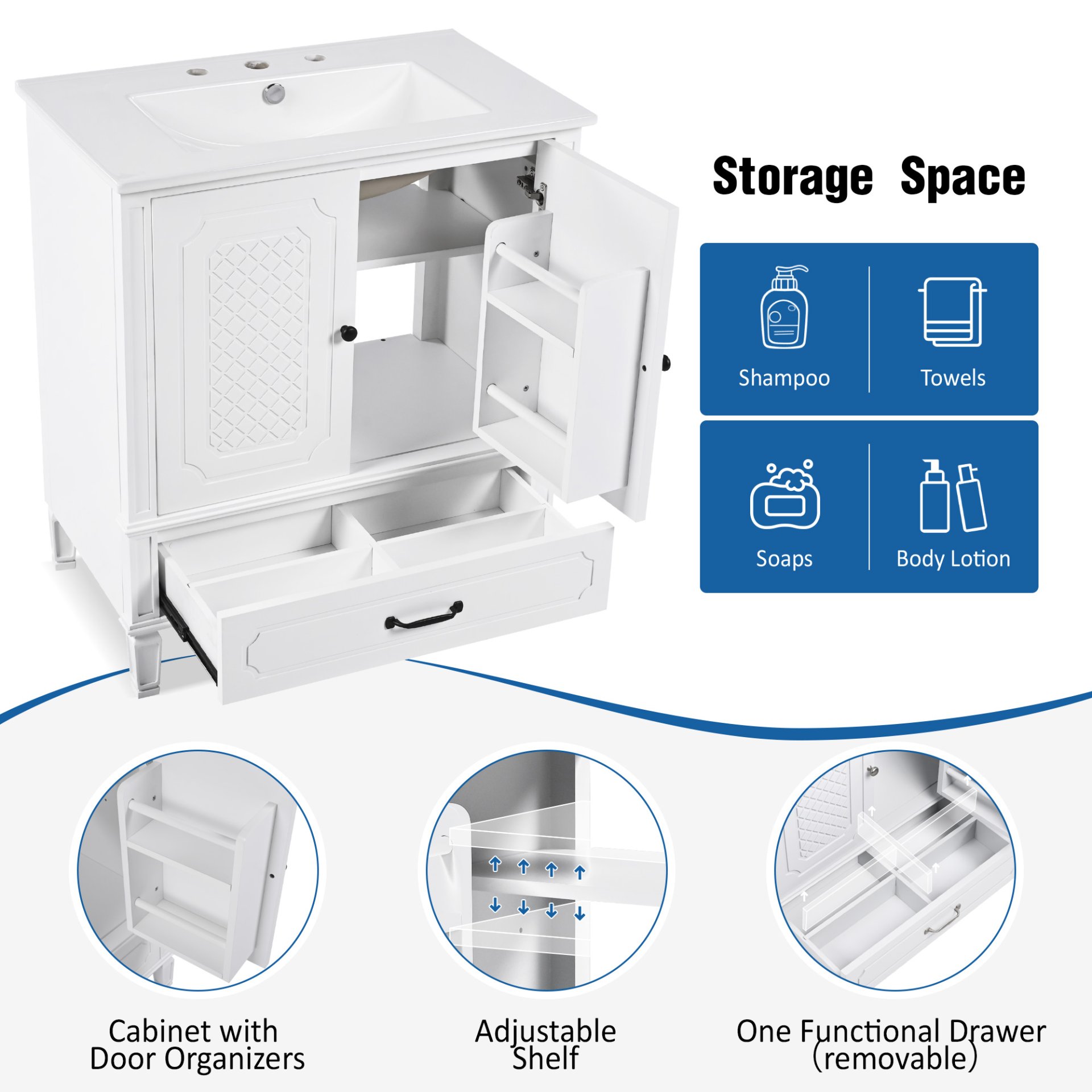 Vintage Style 30" Bathroom Vanity With Sink, Multi Functional Storage, Soft Closing Door - White - Image 5