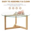 Round Glass Coffee Table Modern Cocktail Table With Tempered Glass Top & Sturdy Wood Base - Natural - Image 6