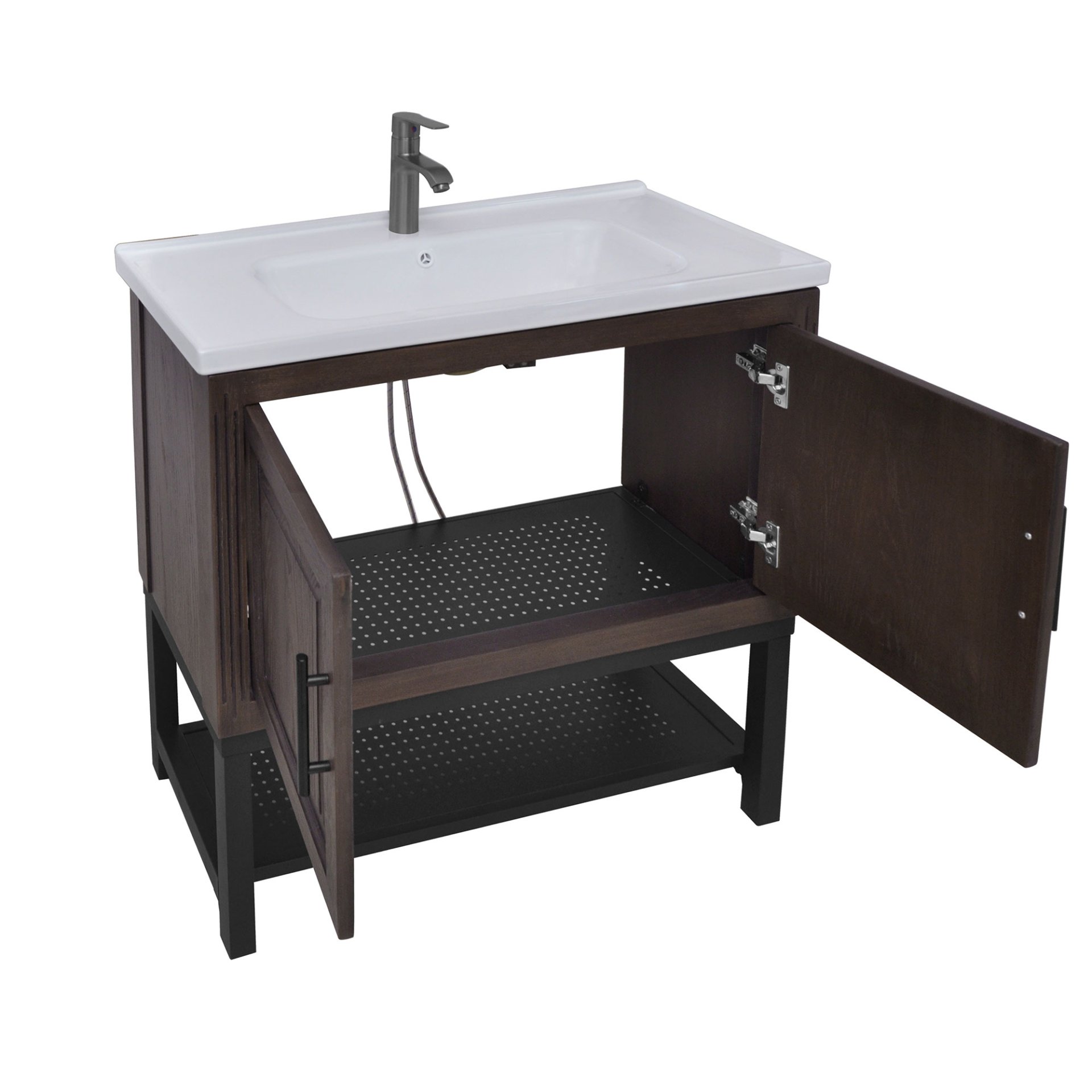 Modern Freestanding 36" Bathroom Vanity With Ceramic Sink, Hot And Cold Faucet, 2 Door Cabinet & Open Iron Shelf - Walnut - Image 13