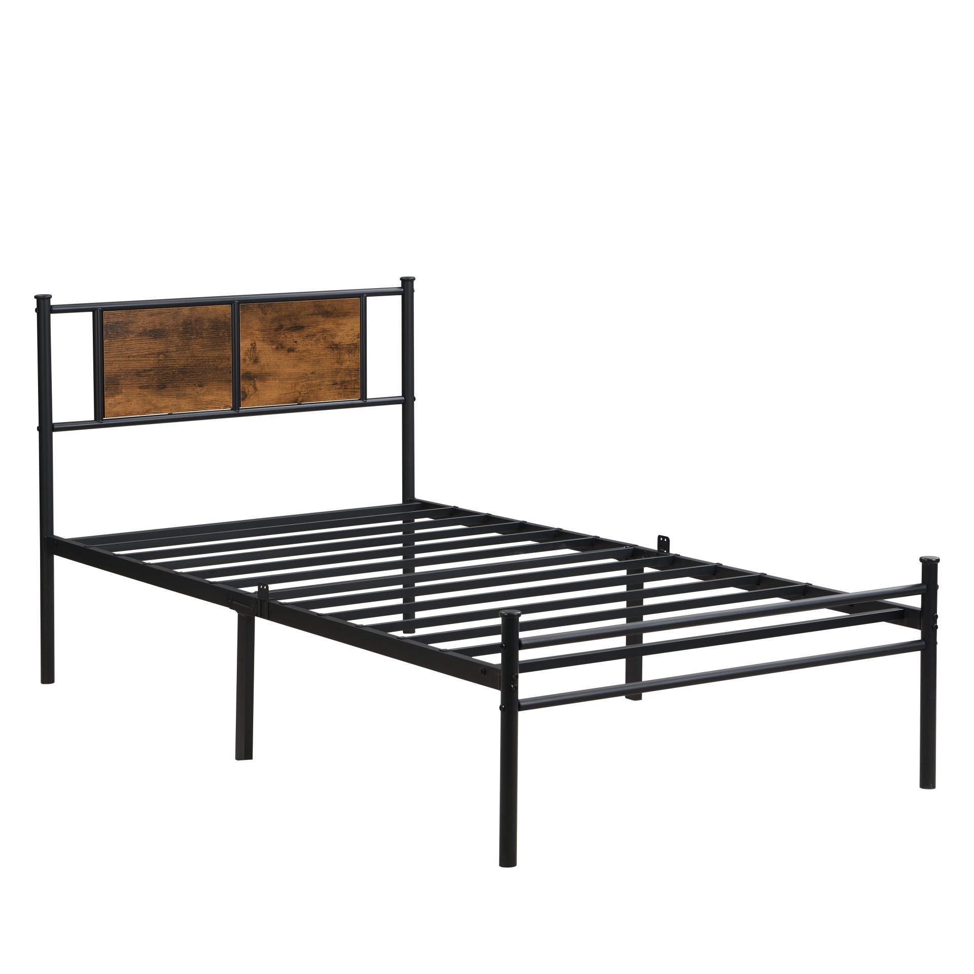 Modern Twin Size Metal Bedframe With Wood Panel Headboard - Black / Brown - Image 6