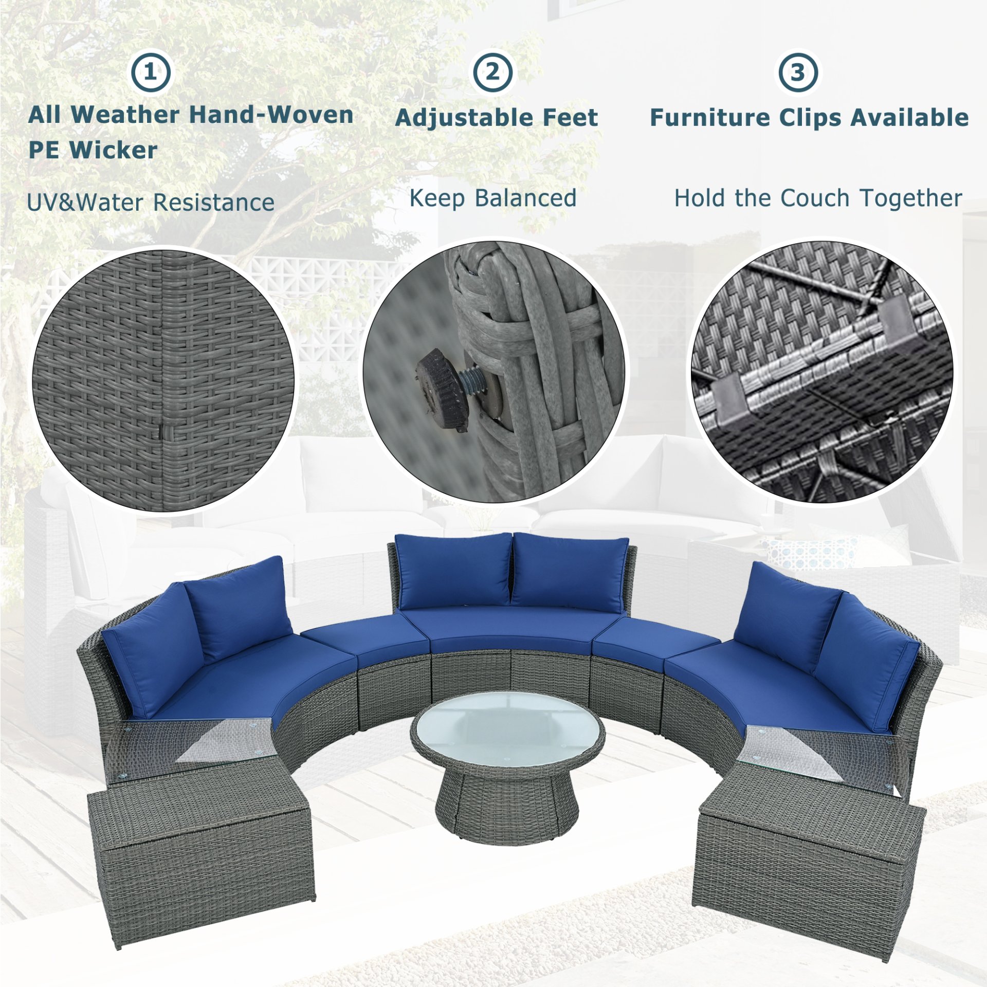 10 Piece Outdoor Sectional Half Round Patio Rattan Sofa Set, Wicker Conversation Furniture Set For Free Combination - Blue - Image 5
