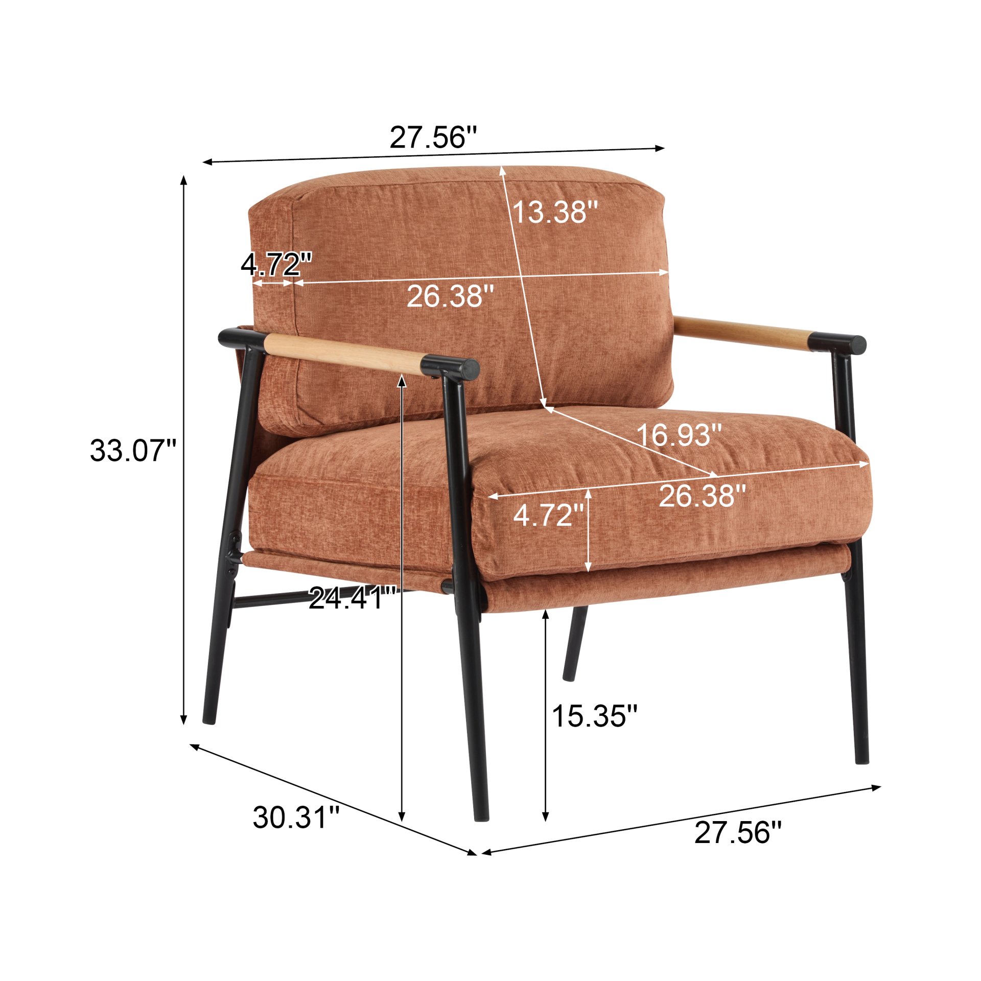 Modern Accent Chair With Plush Cushions, Minimalist Metal Frame, Wooden Armrest Design - Orange - Image 3