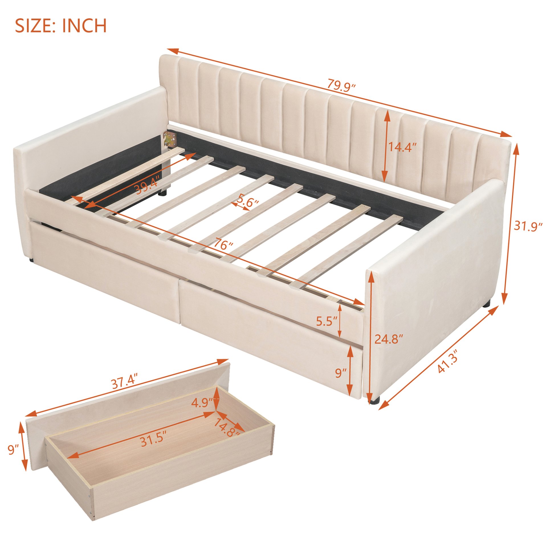 Twin Size Upholstered Daybed & Drawers, Slat Support - Beige - Image 13