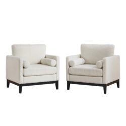 Wide Modern Farmhouse Performance Accent Chair With Black Legs, Wood Base Reading Armchair Single Sofa With 2 Bolster Pillows For Living Room Offices And Lounge - Ivory