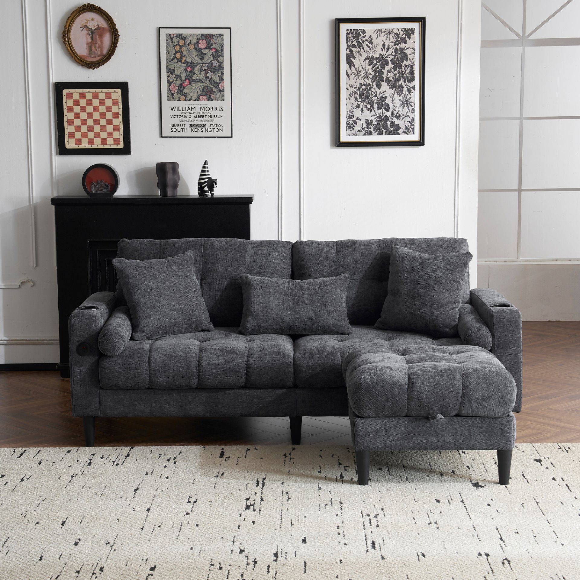 3 Seat L-Shaped Chenille Sofa With Removable And Storage Ottoman, Side Storage, And USB / C - Type Charging Ports Sofa For Living Room, Bedroom, Apartment - Antique Dark Gray - Image 5
