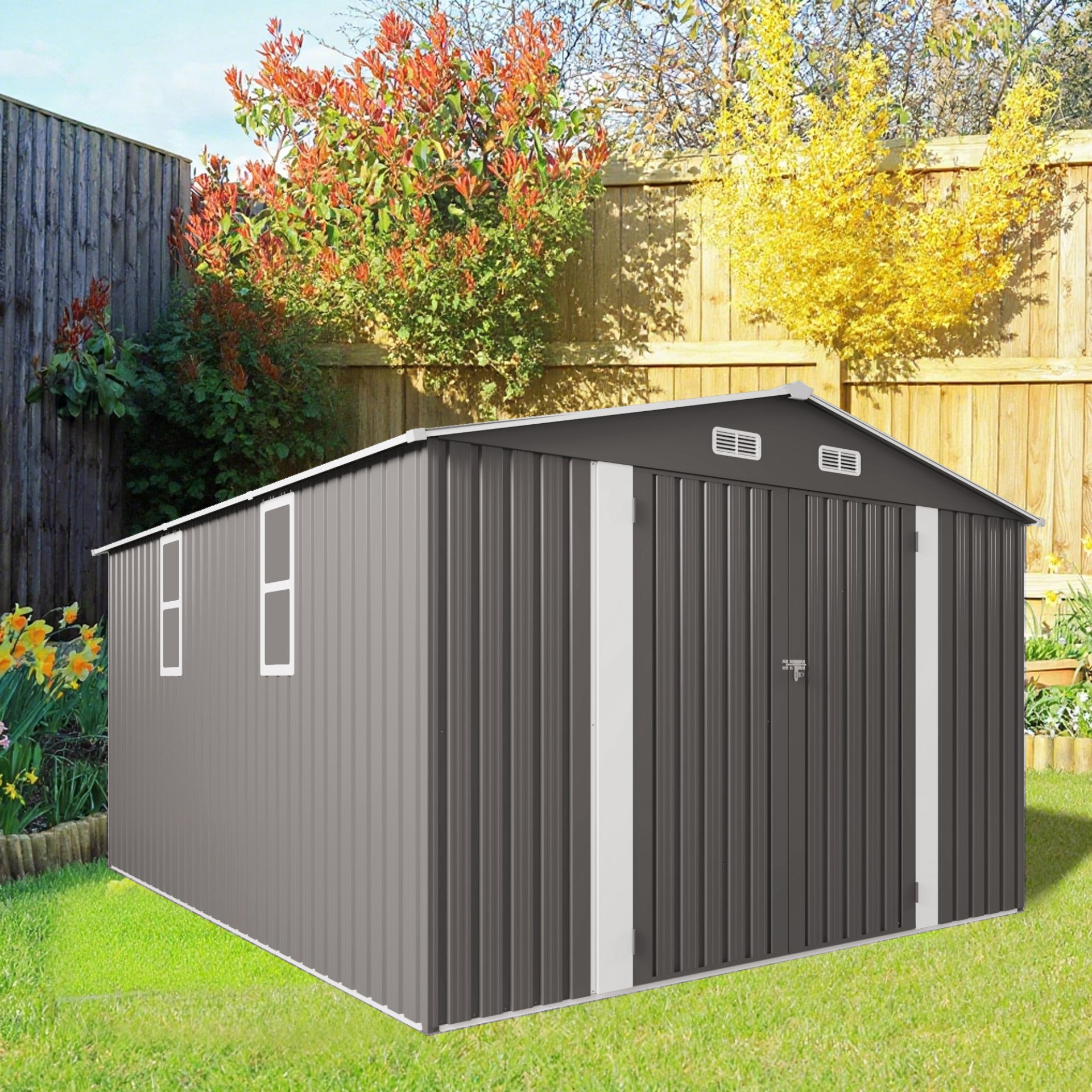 Large Metal Garden Shed With Double Door And Windows Waterproof Tool Shed - Gray - Image 11