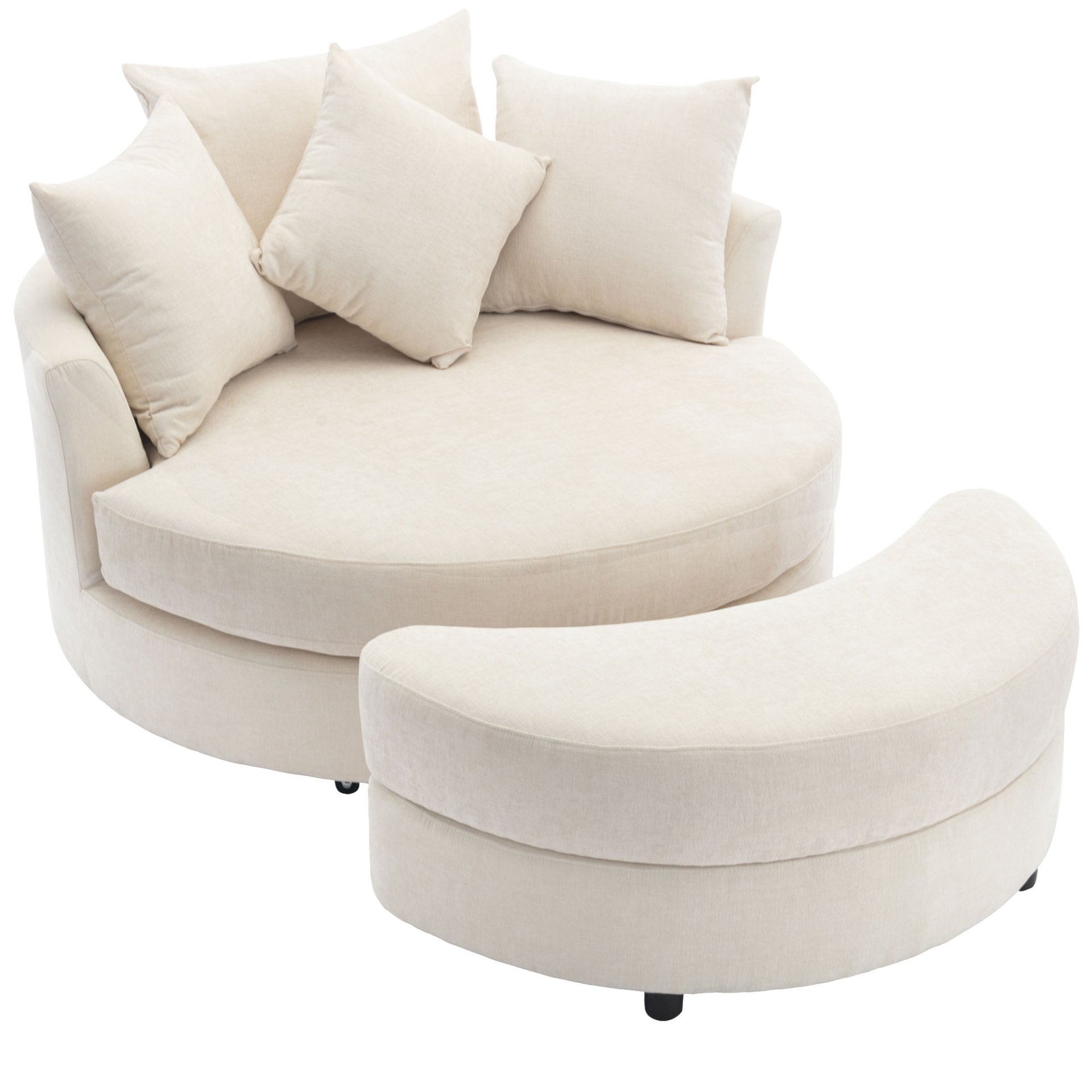 360° Swivel Accent Barrel Chair With Storage Ottoman & 4 Pillows, Modern Chenille Leisure Chair Round Accent For Living Room - Cream - Image 13