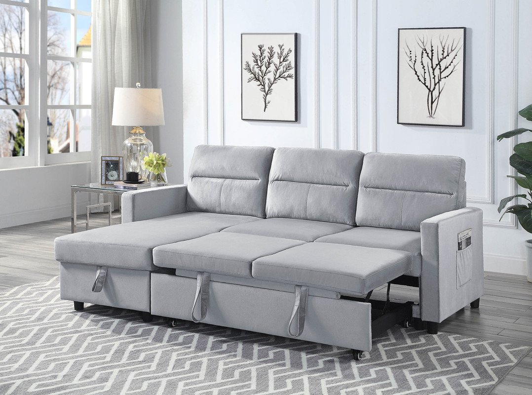 Ivy - Velvet Reversible Sleeper Sectional Sofa With Storage Chaise And Side Pocket - Light Gray - Image 3