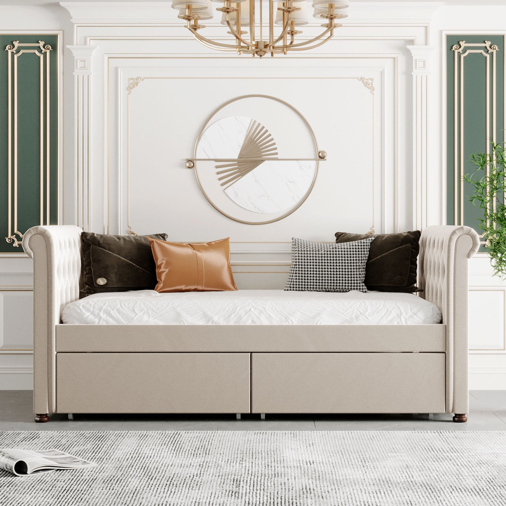 Twin Size Upholstered Daybed With Drawers, Slat Support - Beige - Image 2