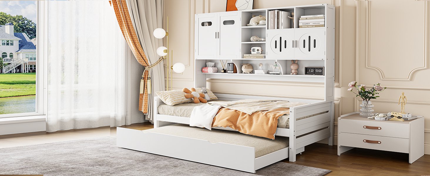 Twin Size Wooden Daybed With Twin Size Trundle, And All In One Cabinet And Shelf - White - Image 18