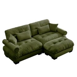 Modern Oversized 2 Seater Sofa With Ottoman And Round Bolster Armrests - Olive Green