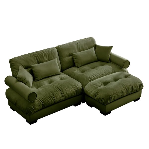 Modern Oversized Velvet 2 Seater Sofa With Ottoman And Round Bolster Armrests - Olive Green