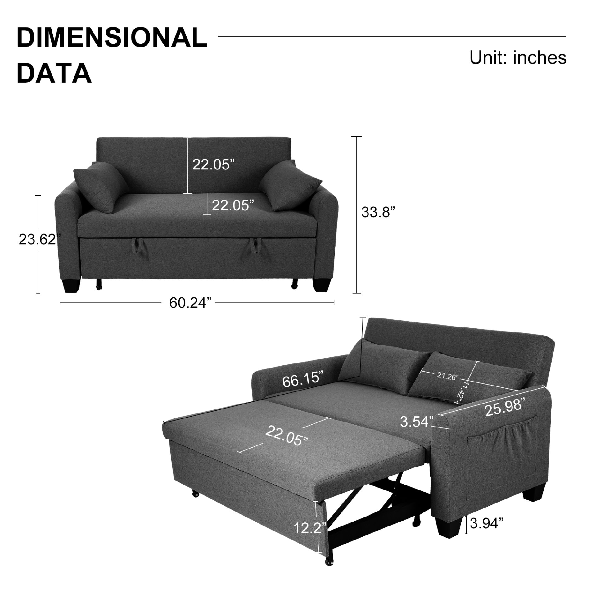 Extra Large 2 In 1 Sofa Bed With Storage, Adjustable Backrest - Gray - Image 3