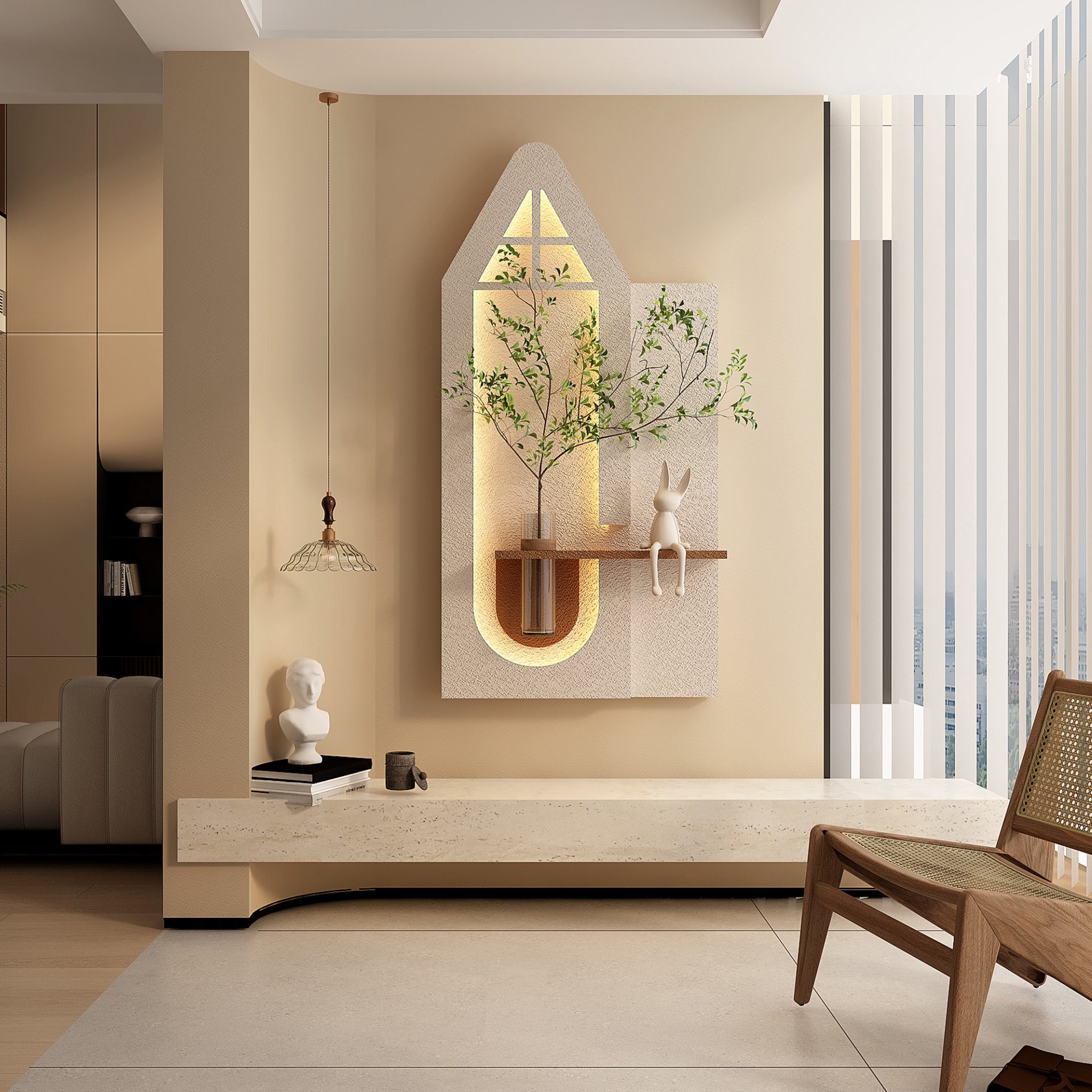 Adjustable 3 Color LED Sandstone Wall Decor With Simulated Plants, Glass Vase & Rabbit Statue - Light Coffee - Image 13