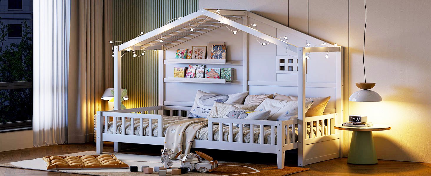 Twin Size House Bed With Shelves, Window And Sparkling Light Strip On The Roof - White - Image 24