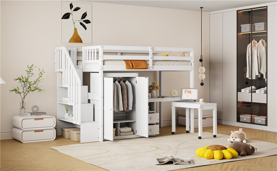 Twin Size Loft Bed With Stairs, Bookshelf, Drawers, Desk & Wardrobe, Space Saving Multifunctional Furniture - White - Image 21