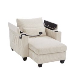 Convertible Chaise Lounge Sofa Chair Sofa Bed With USB Ports, Cup Holders, Phone Holder, And Storage - Beige