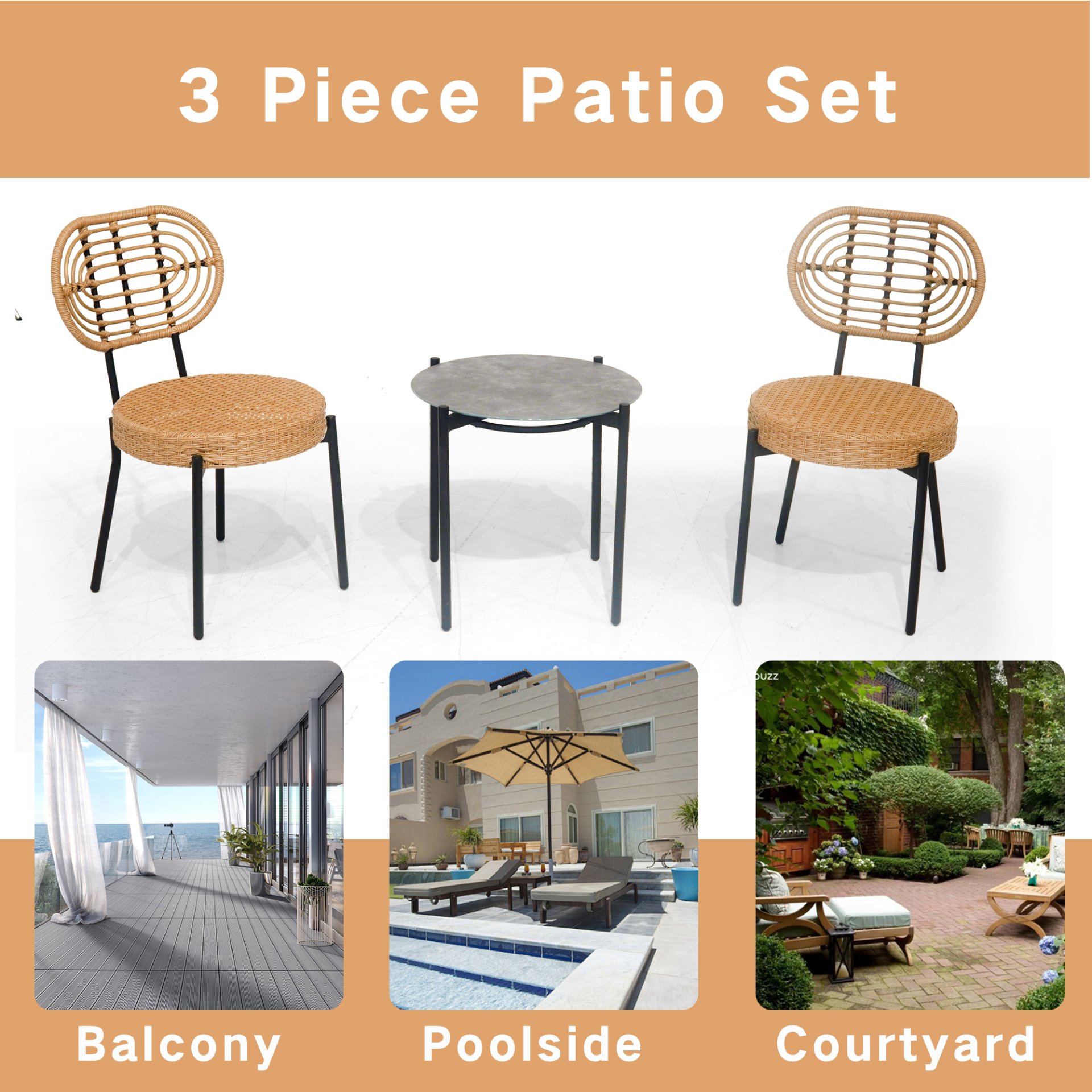 3 Pieces Of Luxury Outdoor Wicker Furniture Patio Bistro Style Table And Chair Combination, Weather Resistant PE Wicker Weave, Suitable For Garden - Black / Natural - Image 4