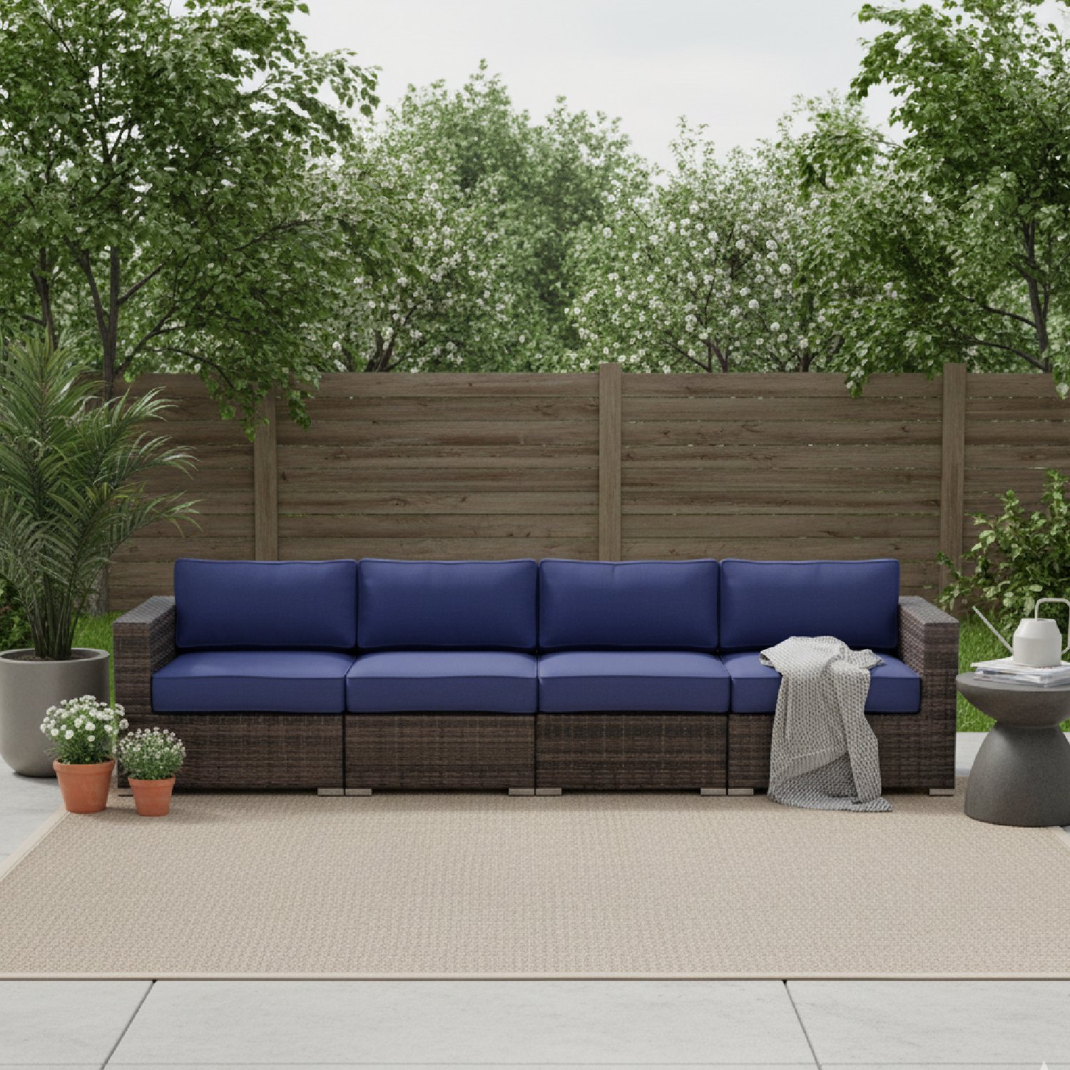Outdoor Wicker Patio Sofa Set With Feet, 4 Piece Modular Design, Weather Resistant Rattan - Espresso - Image 2