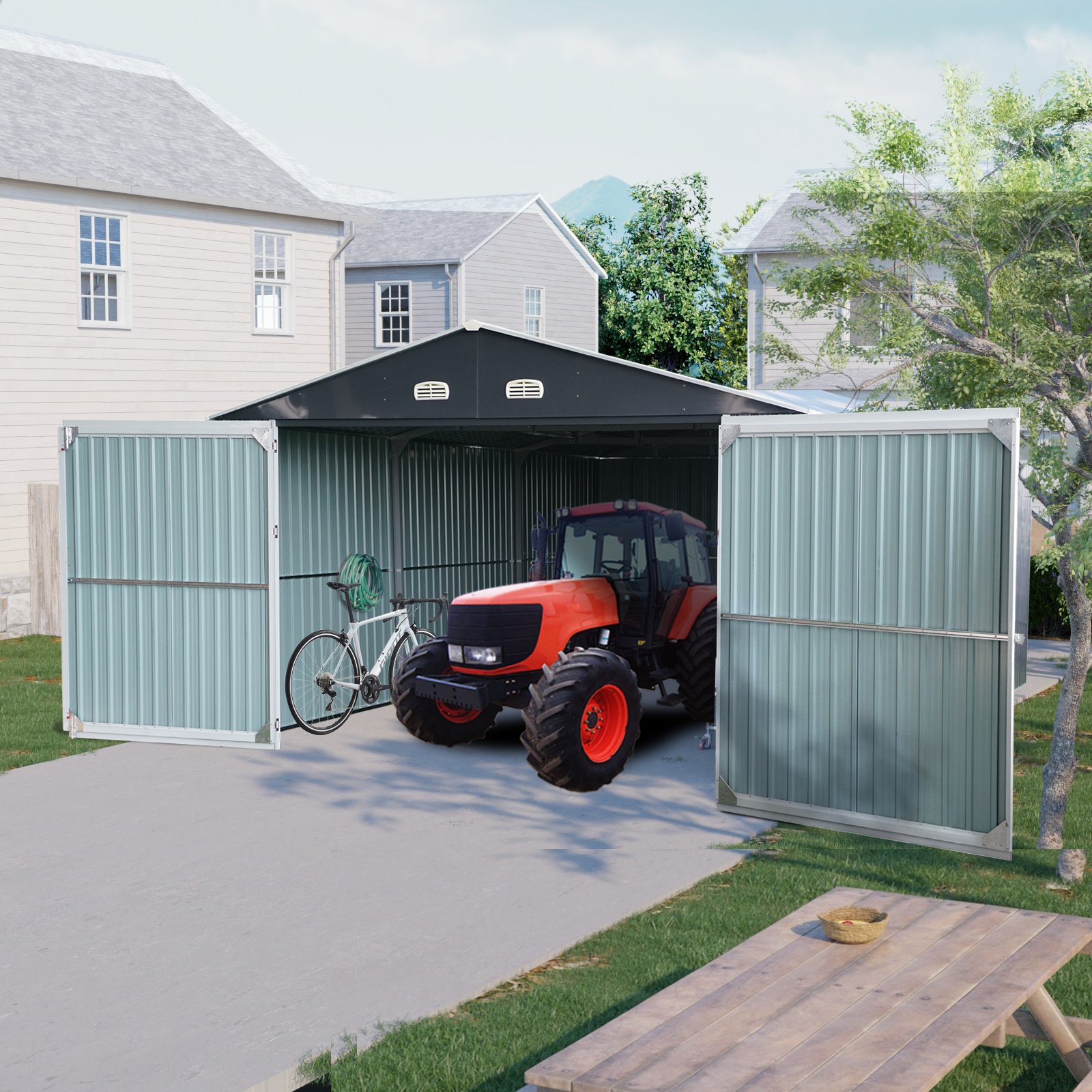 Outdoor Storage Shed Metal Garage Shed For Car, Bike, Lawnmower Backyard Tool House Building 2 Doors And 4 Vents - Black - Image 2