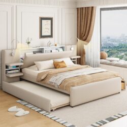Queen Size Upholstered Platform Bed With Reading Lights, Drawers, Trundle And Shelves - Beige