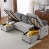 Sectional Sofa Pull Out Sofa Bed Versatile Sofa Sleeper With Large Storage Space, Two USB Ports And Two Cup Holders For Living Room - Gray - Image 14