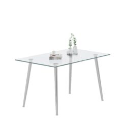 Thick Tempered Glass Top Dining Table & Stainless Steel Legs - Silver