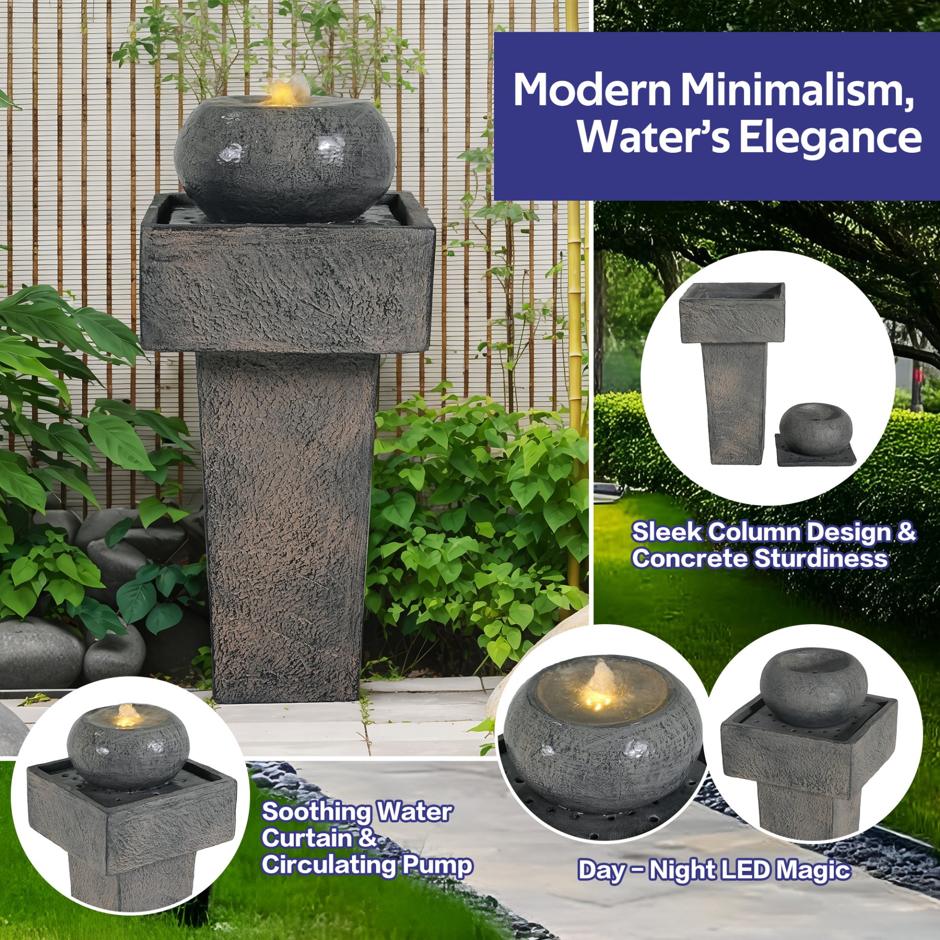Minimalist Column Fountain With LED Lighting, Outdoor Decor For Patio, Porch And Garden - Gray - Image 4