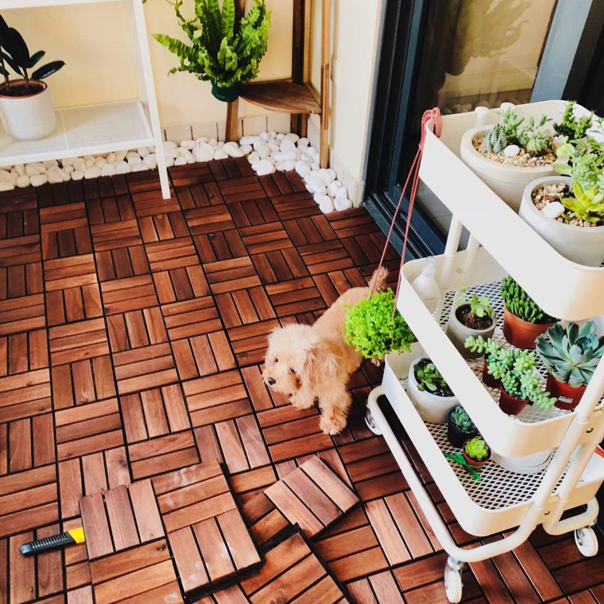 Acacia Wood Interlocking Deck Tiles Checker Pattern, 10 Piece Square Acacia Hardwood Outdoor Flooring For Patio, Bancony, Pool Side - Brown - Image 25