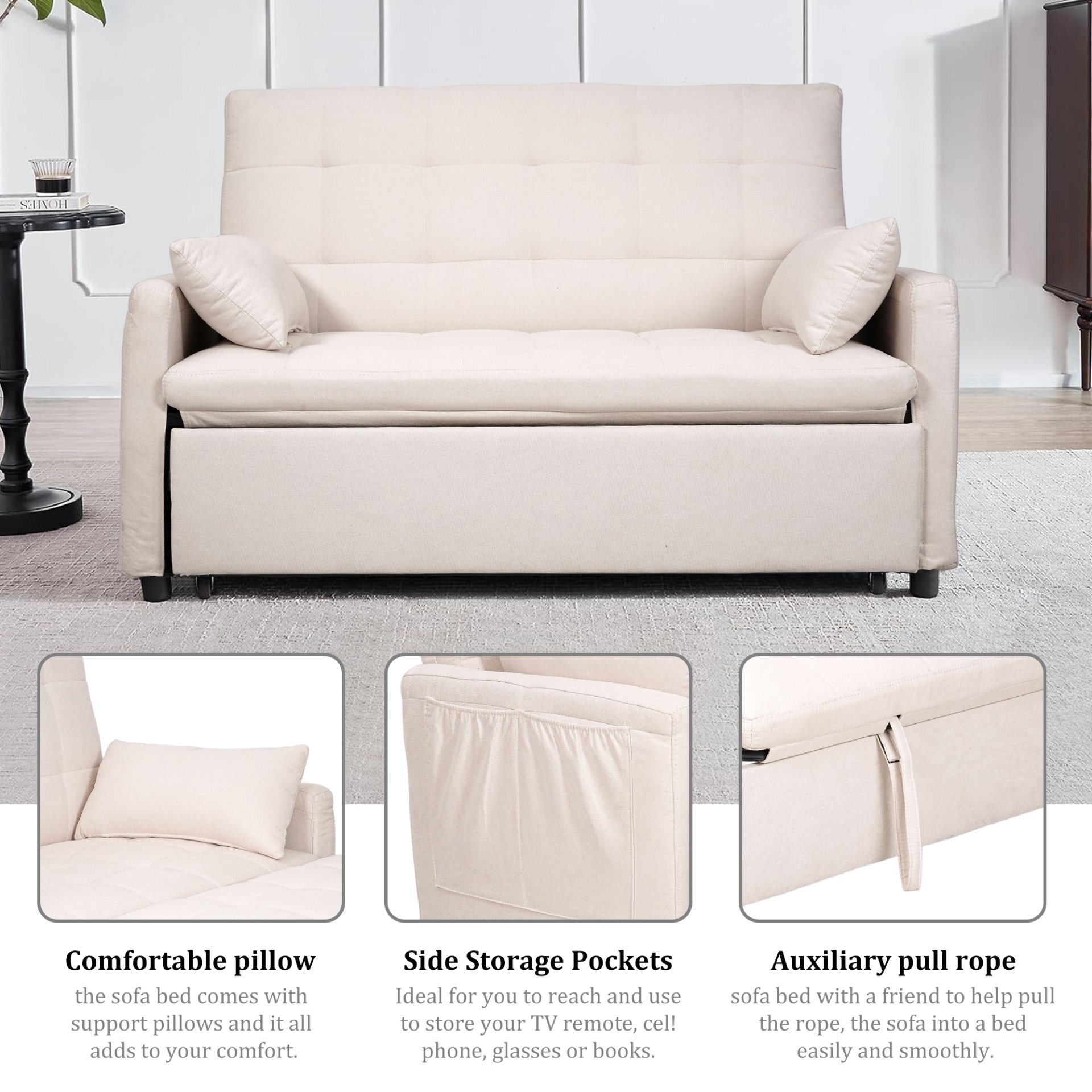Balus - 2 In 1 Convertible Sofa Bed With Storage And Adjustable Backrest - Beige - Image 2