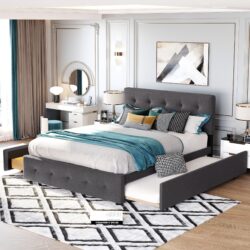 Queen Size Upholstered Platform Bed With 2 Drawers And 1 Twin Long Trundle - Dark Gray