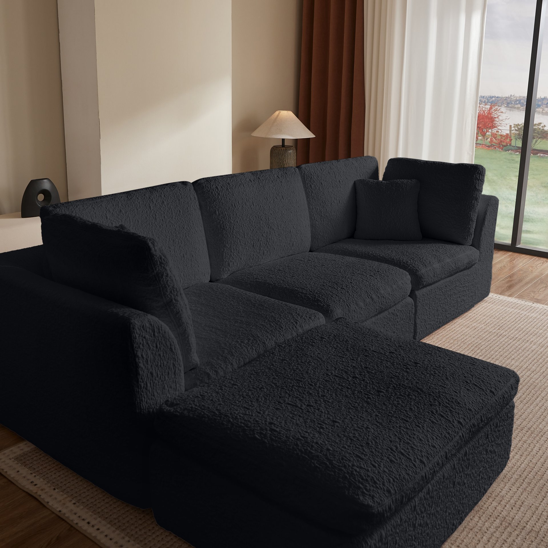 Cloud L Shape Modular Sectional Sofa With Ottoman, 3 Seater Convertible Couch - Black - Image 9