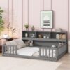 Full Floor Bed With Side Bookcase, Shelves, Guardrails - Gray - Image 3