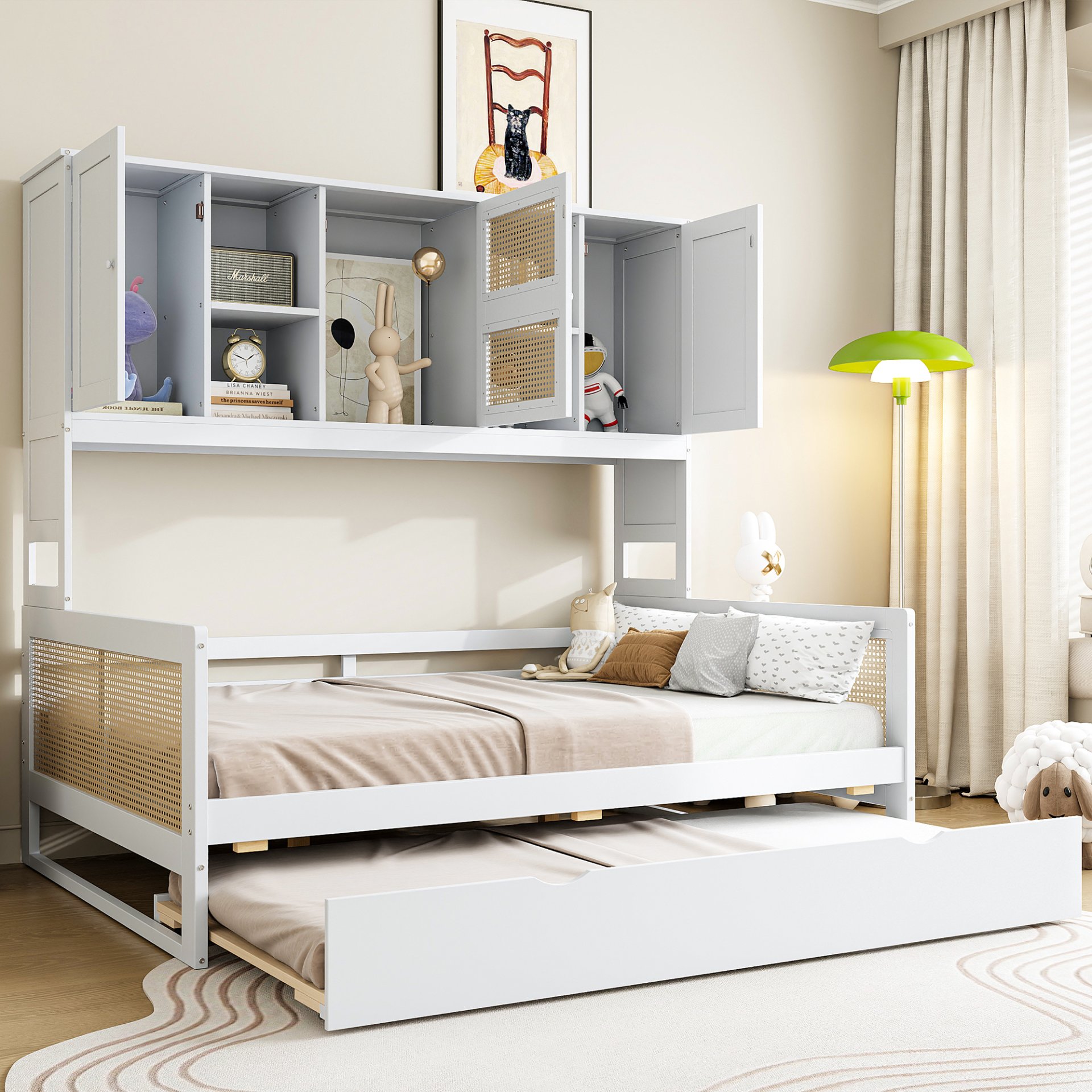 Full Size Wooden Daybed & Twin Size Trundle, And All In One Cabinet And Shelf - White - Image 2