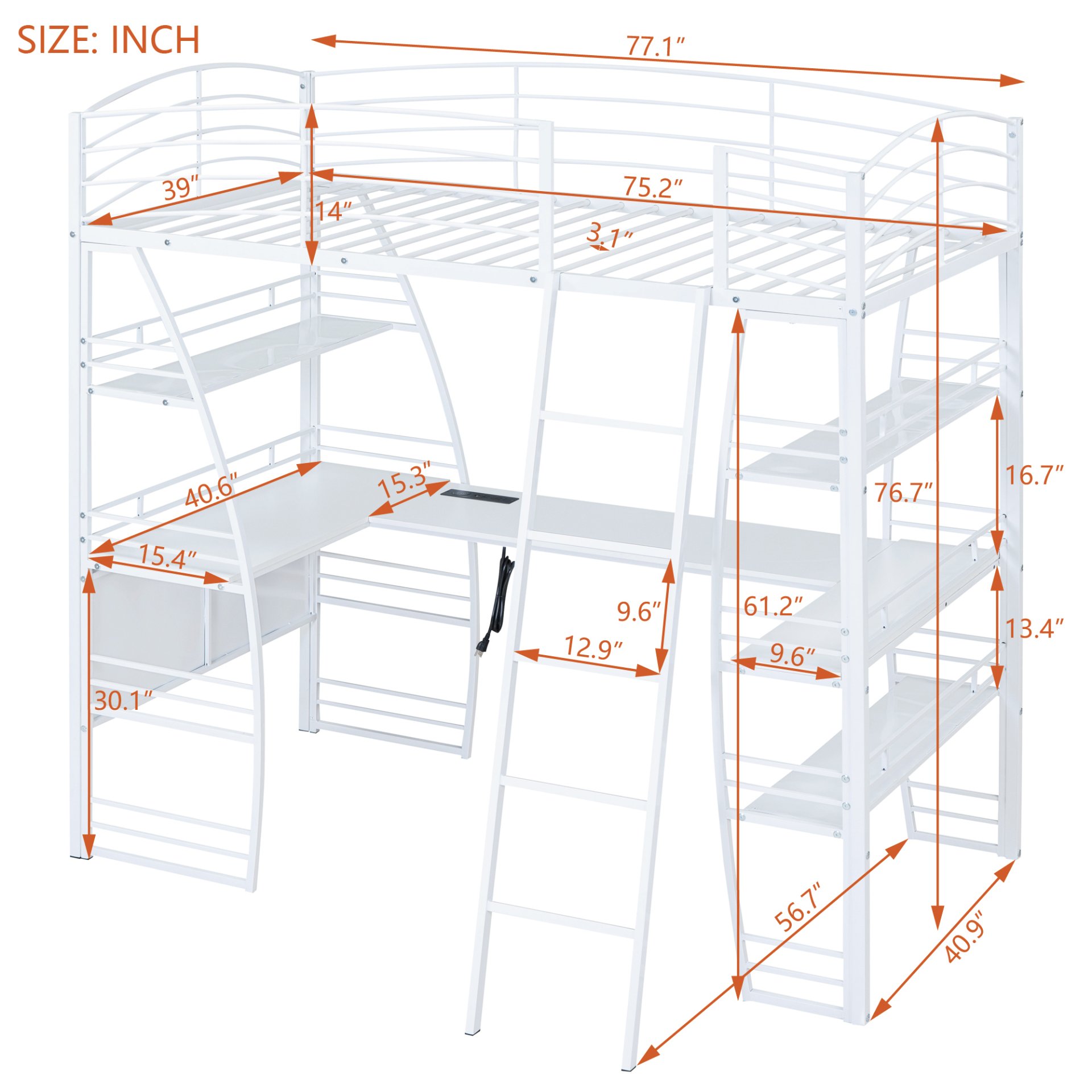 Twin Size Loft Bed With 4 Layers Of Shelves And L-Shaped Desk, Stylish Frame With A Set Of Sockets, USB Ports And And Wireless Charging - White - Image 7