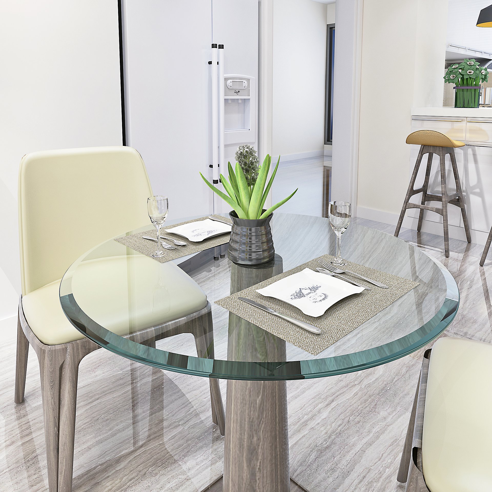 32" Round Tempered Glass Table, Top Clear Glass 1 / 2" Thick Beveled Polished Edge - Transparent - Image 10