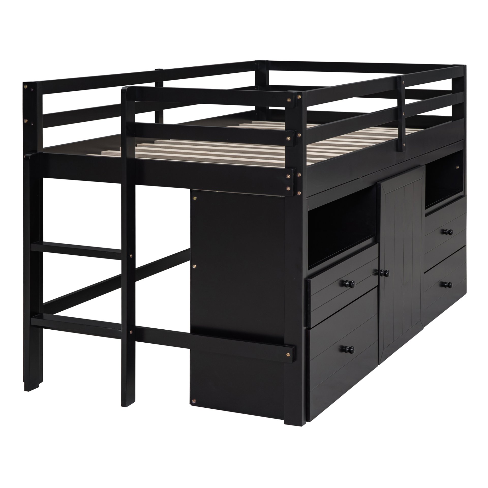 Twin Size Loft Bed With 4 Drawers, Underneath Cabinet And Shelves - Espresso - Image 5
