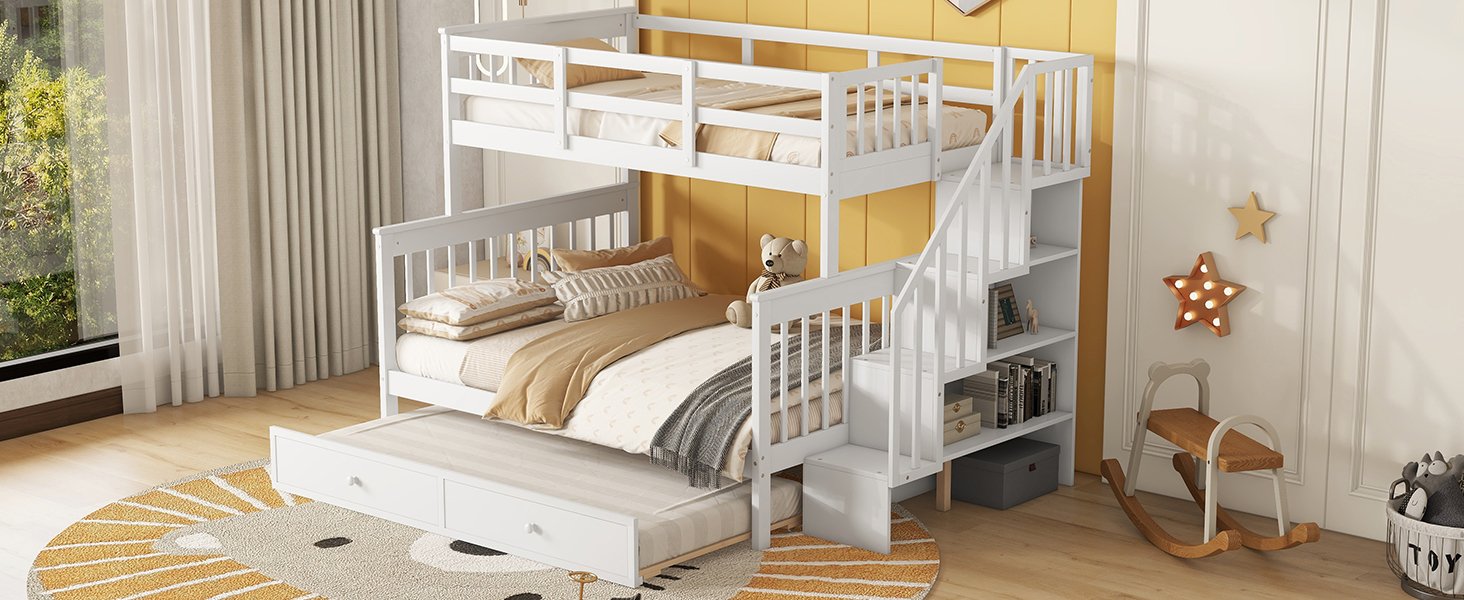 Twin Over Full Bunk Bed With Twin Size Trundle, Storage And Guard Rail For Bedroom - White - Image 24