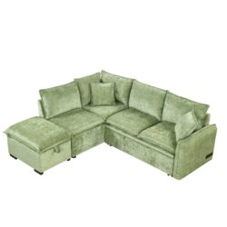 Convertible Sofa Bed Sectional Sofa Sleeper L-Shaped Sofa With A Storage Ottoman, Two Pillows, Two Power Sockets And Two USB Ports For Living Room - Green