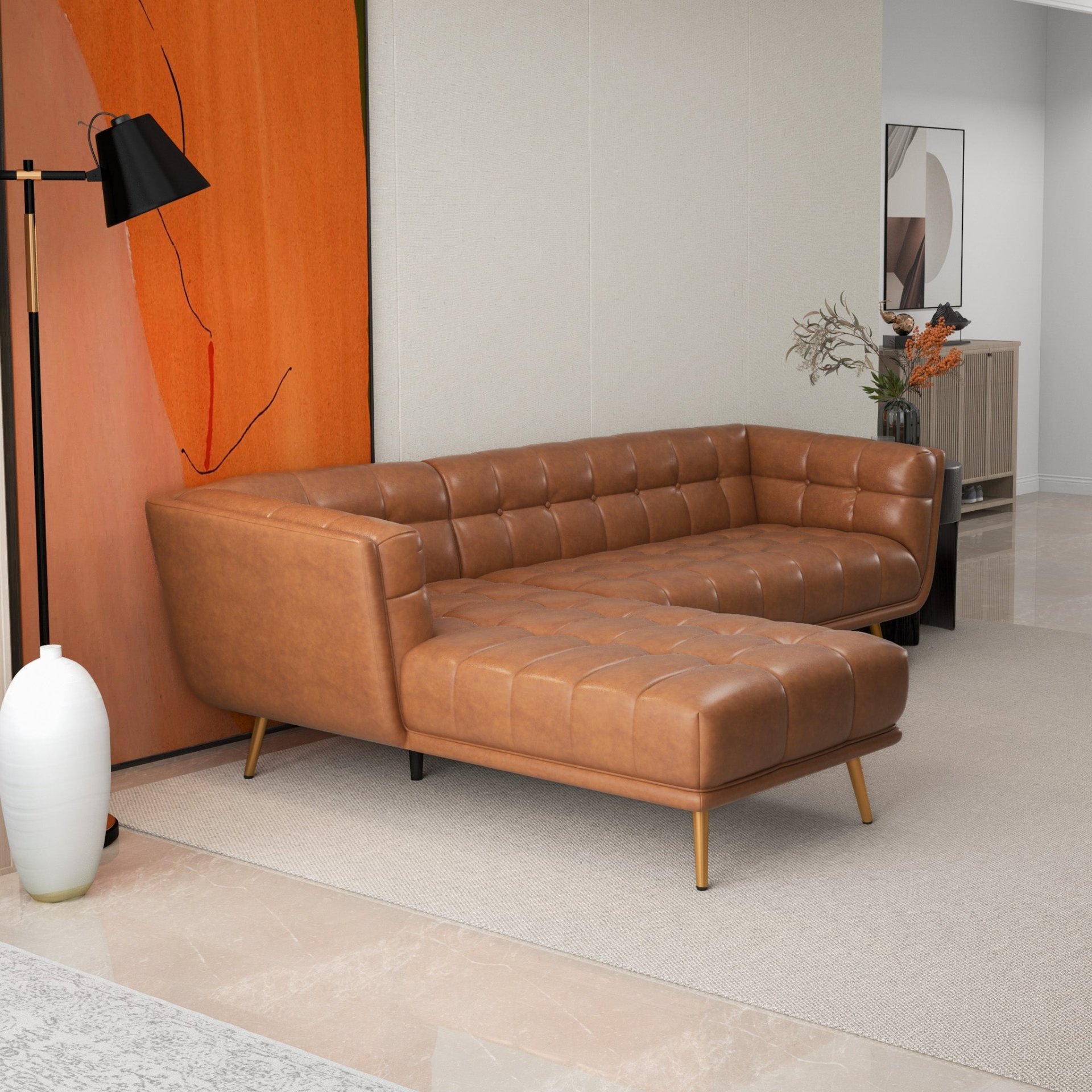 Addison - Left Sectional Leather Sofa - Cognac - Image 9
