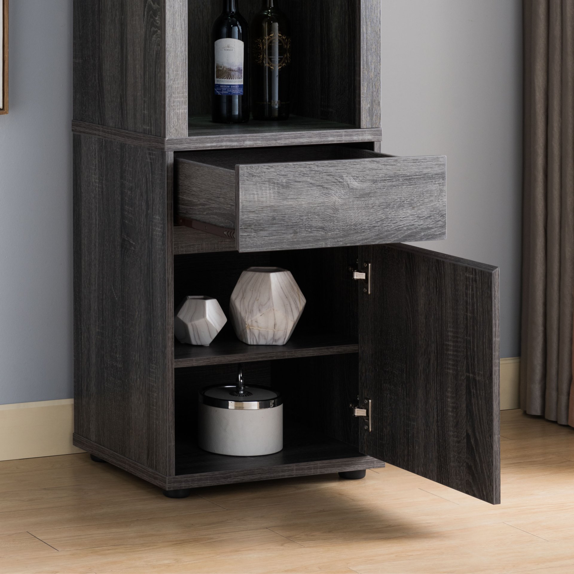 Modern Wine Showcasing Cabinet With Two Glass Shelves And Storage Cabinet - Distressed Gray - Image 2
